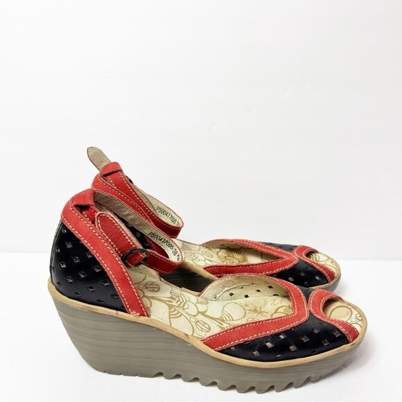 FLY LONDON YANS SANDAL WOMEN RED GRAY LEATHER WEDGE HEELS SIZE 38 OR 7.5 - Picture 1 of 7